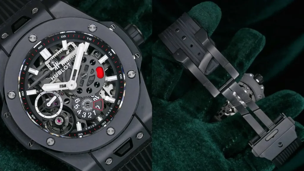 Hublot Big Bang Meca-10 black ceramic skeleton watch with power reserve display beside close-up of its black rubber strap on dark green velvet
