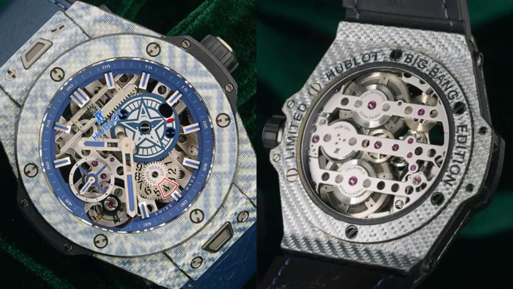 Hublot Big Bang Meca-10 OBEY limited edition with blue skeleton dial and star motif, movement shown