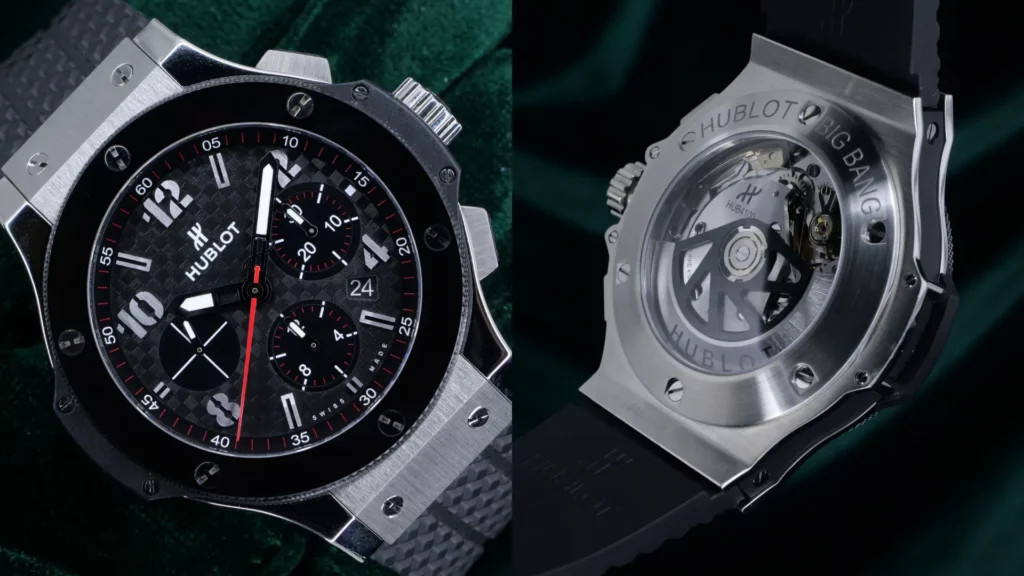 Hublot Big Bang Original 44mm with black carbon dial and steel case on a rubber strap, movement shown