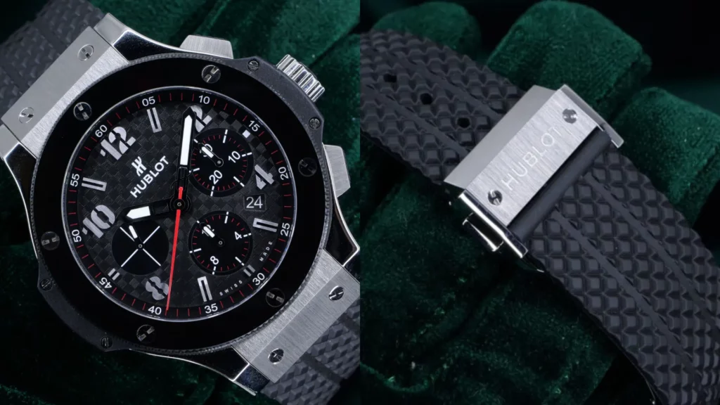 Hublot Big Bang Original 44mm with black carbon dial and steel case on a black rubber strap, with buckle detail