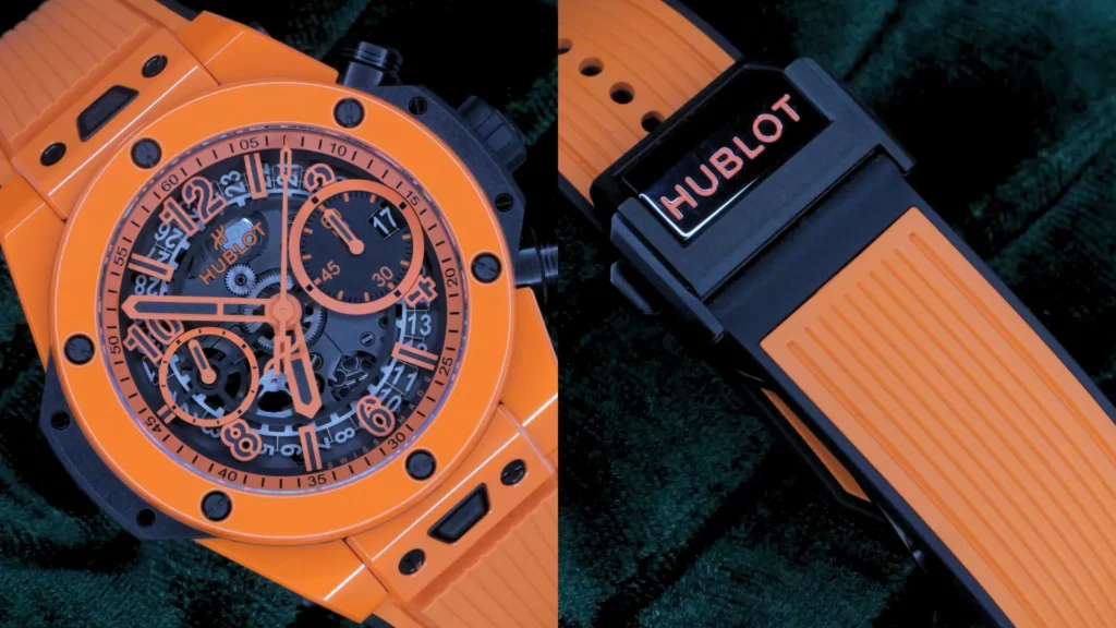 Hublot Big Bang Unico 44mm in orange ceramic with skeleton dial on an orange rubber strap, with buckle detail