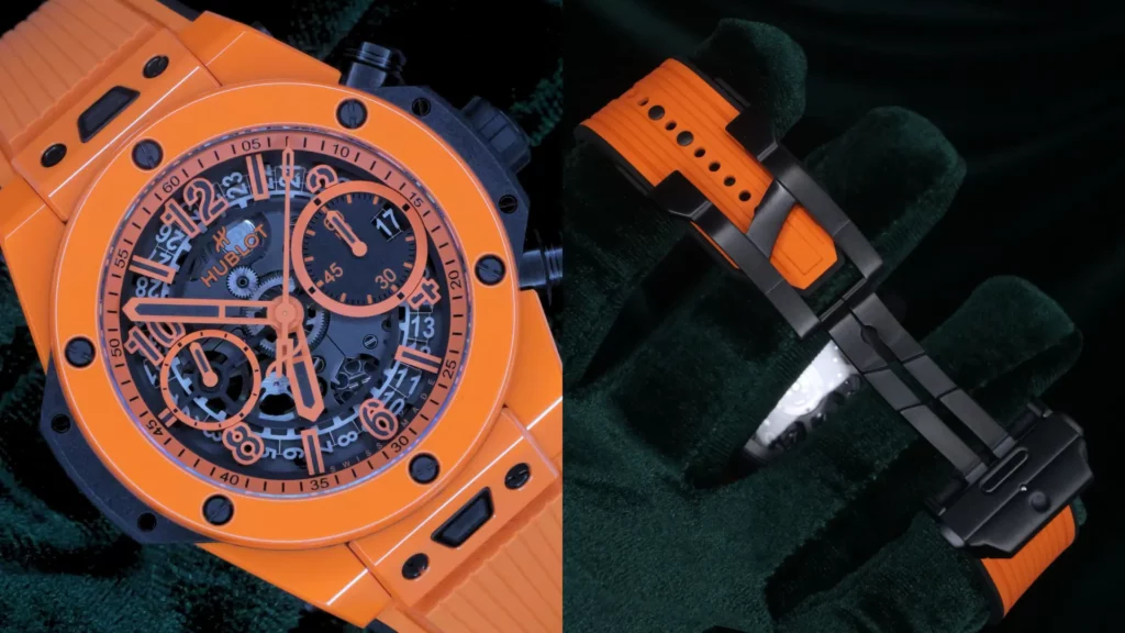 Hublot Big Bang Unico orange ceramic chronograph beside close-up of its orange and black rubber strap on dark green velvet