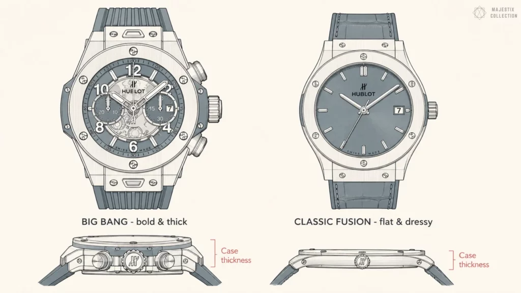 Illustrated comparison of the thick Big Bang and the flat, dressy Classic Fusion, with case thickness shown