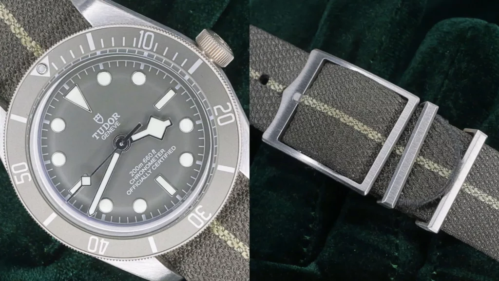 Tudor Black Bay 58 925 with taupe dial in silver case on a grey fabric strap, with buckle detail