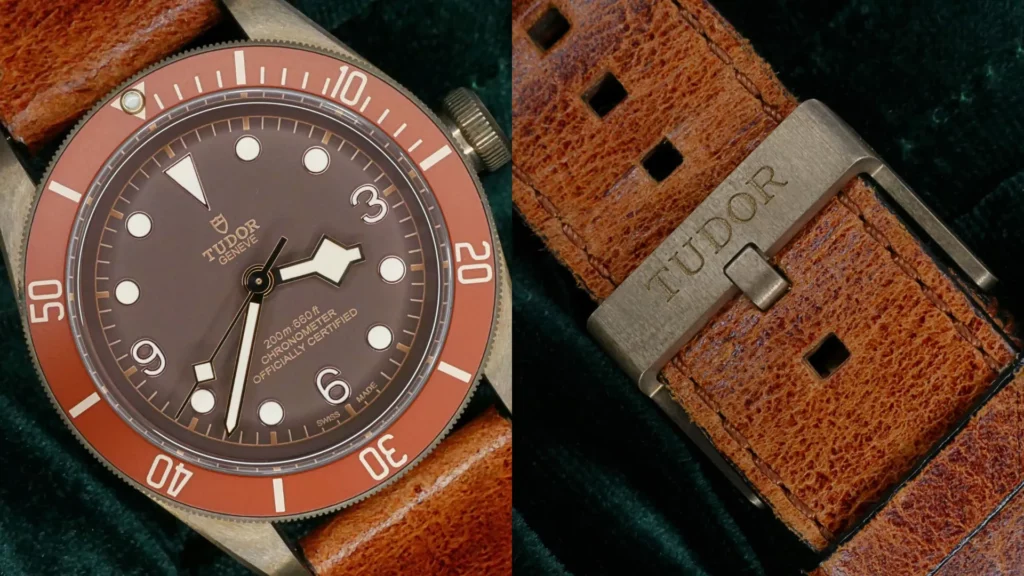 Tudor Black Bay Bronze with brown dial and bezel on an aged brown leather strap, with buckle detail