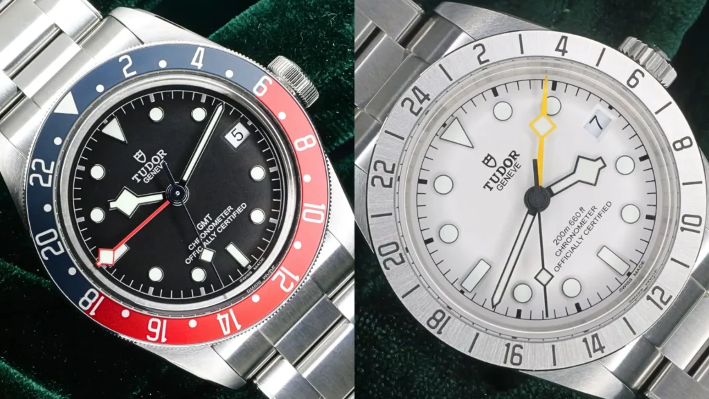 Side-by-side comparison of a Tudor Black Bay GMT with a black dial and red-blue 24-hour bezel, and a Tudor Black Bay Pro with a white dial and fixed steel bezel.