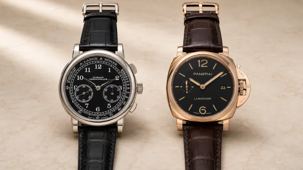White gold black dial chronograph beside a rose gold black dial Panerai Luminor on cream stone