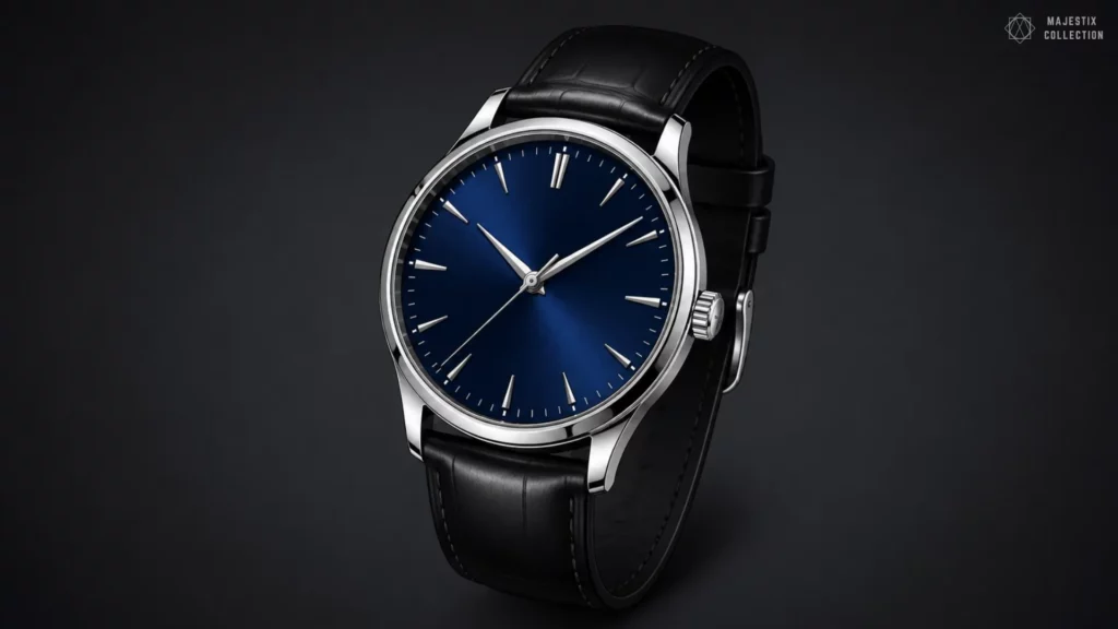 Silver-cased blue dial dress watch on black leather strap against dark background