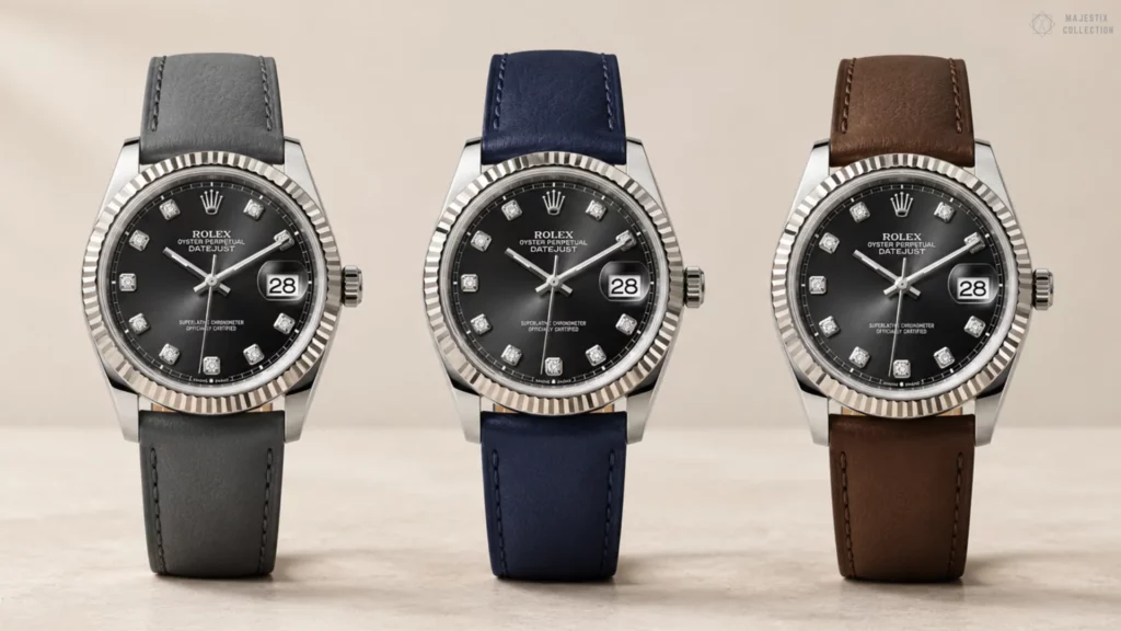 Three white gold Rolex Datejusts with black sunburst diamond dials side by side on charcoal, navy, and brown leather straps against a cream background