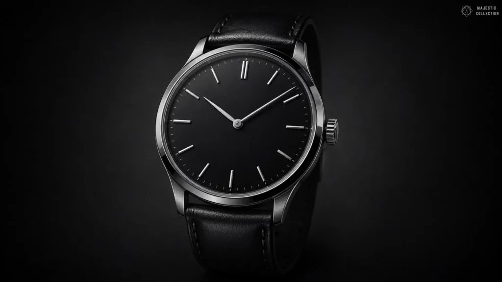 Steel black dial dress watch on black leather strap against dark background
