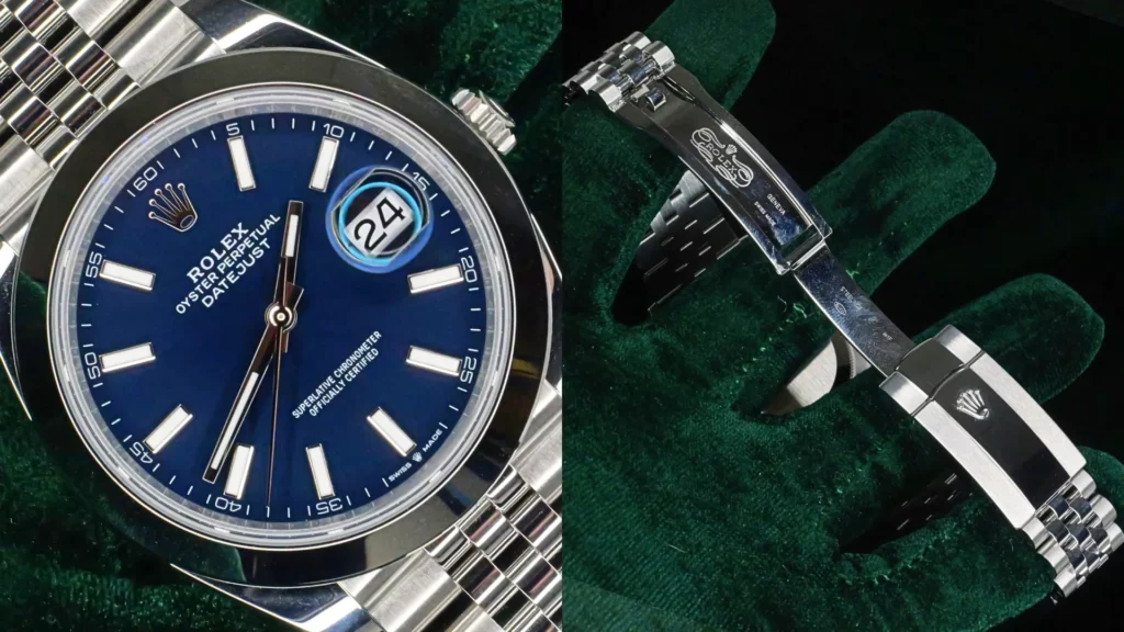 Rolex Datejust 41 blue sunburst dial close-up beside its steel Jubilee bracelet clasp on green velvet