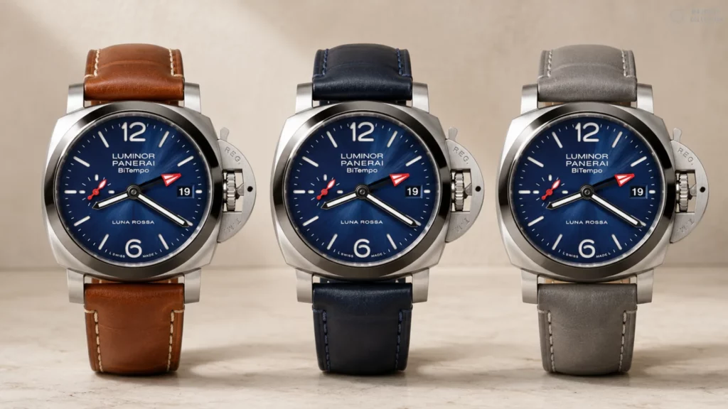Three Panerai Luminor BiTempo watches with blue sunburst dials side by side on brown, navy, and grey leather straps against a cream background