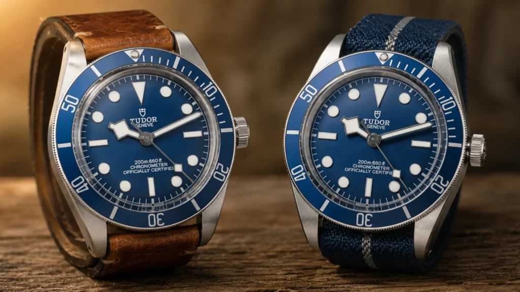 Two Tudor Black Bay 58 Blue divers on brown leather and blue fabric straps on wood