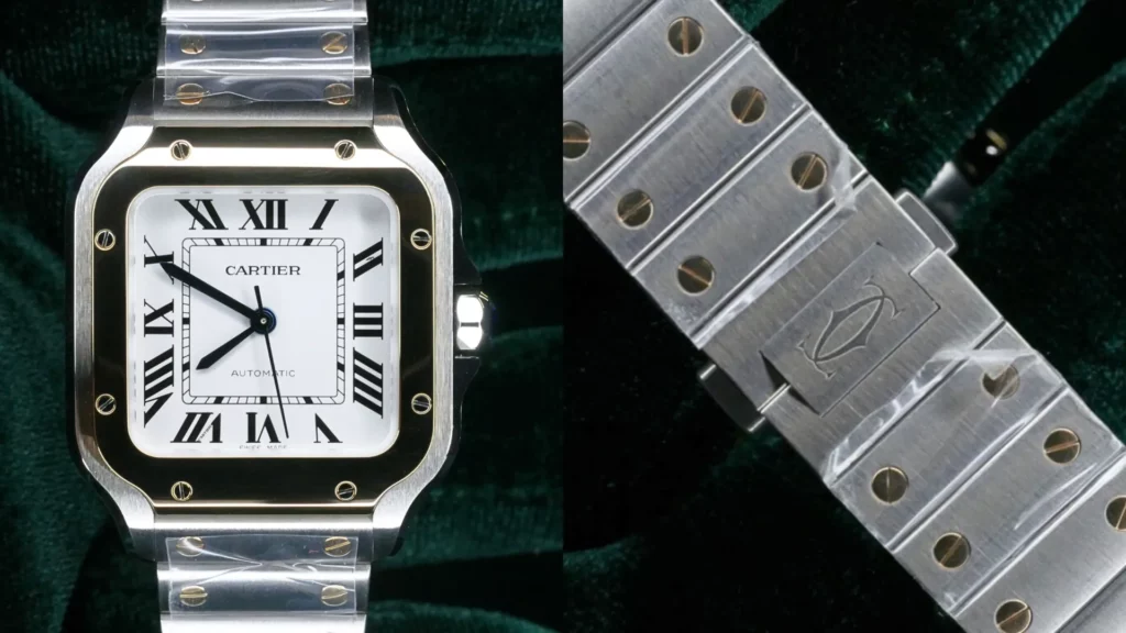 Two-tone Cartier Santos de Cartier with white Roman numeral dial on a steel and gold bracelet, alongside its C-signed clasp, on green velvet