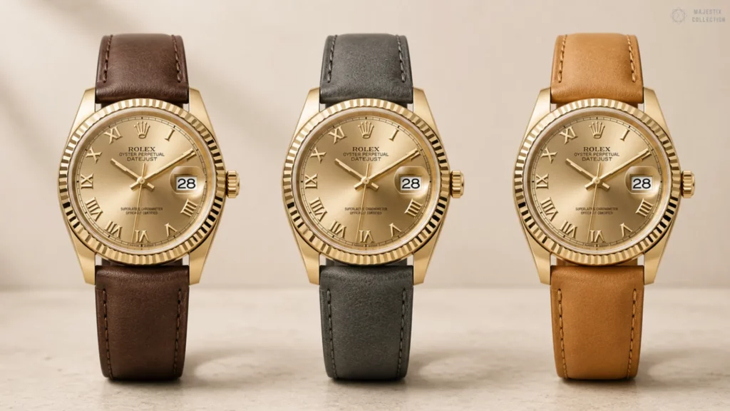 Three yellow gold Rolex Datejusts with champagne sunburst Roman dials side by side on chocolate, grey, and tan leather straps against a cream background