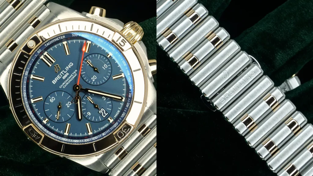 Breitling Chronomat two-tone chronograph with blue dial beside close-up of its steel and gold Rouleaux bracelet on dark green velvet