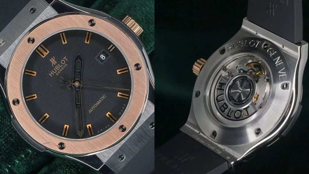 Hublot Classic Fusion in titanium with rose gold bezel and grey dial on a rubber strap, movement shown