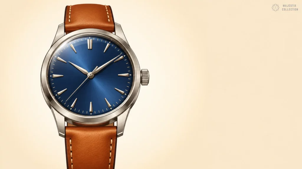 Silver blue dial watch on cognac brown leather strap against cream background