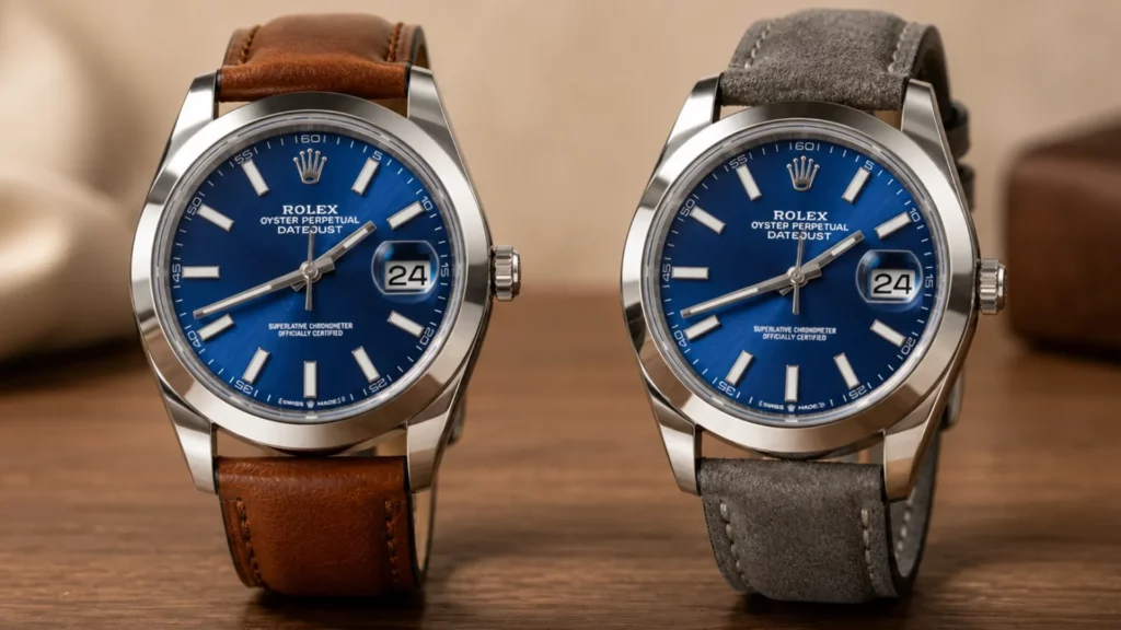 Two Rolex Datejust blue dial watches on cognac and grey leather straps on wood