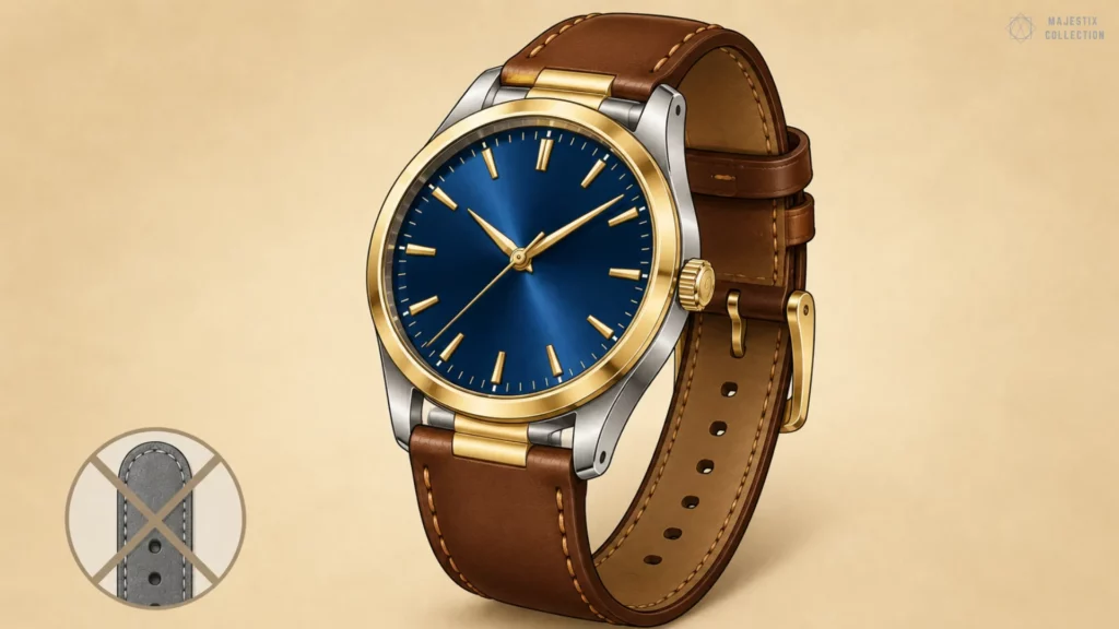 Two-tone gold and steel blue dial watch on brown leather strap, grey option crossed out