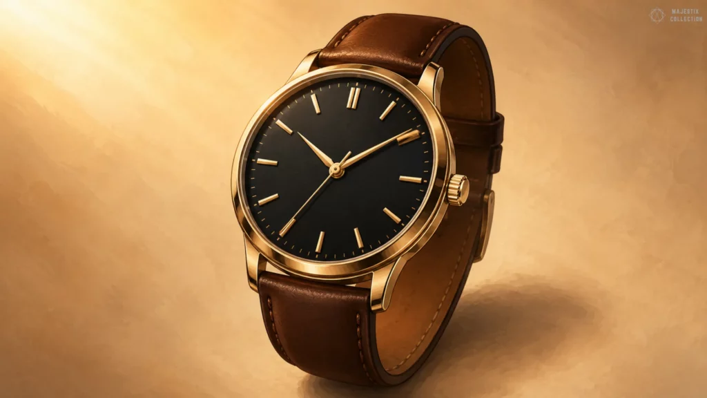 Gold black dial watch on dark brown leather strap against warm tan background