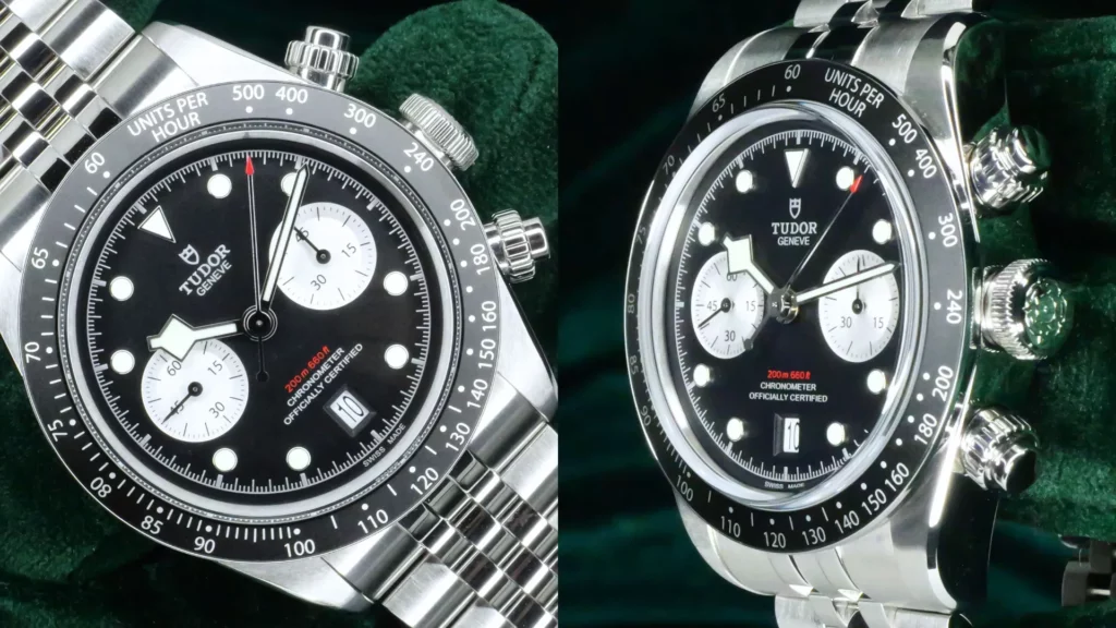 Side-by-side views of a Tudor Black Bay Chrono with a black dial, white subdials, date window, tachymeter bezel and stainless steel bracelet.