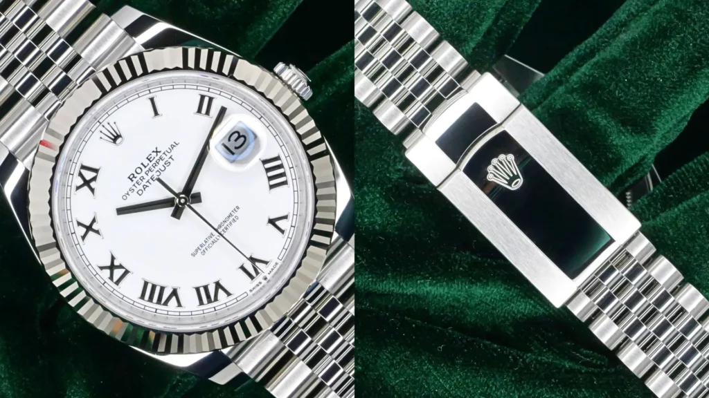 Rolex Datejust 41 with white Roman dial, fluted bezel, and Jubilee bracelet with crown clasp detail