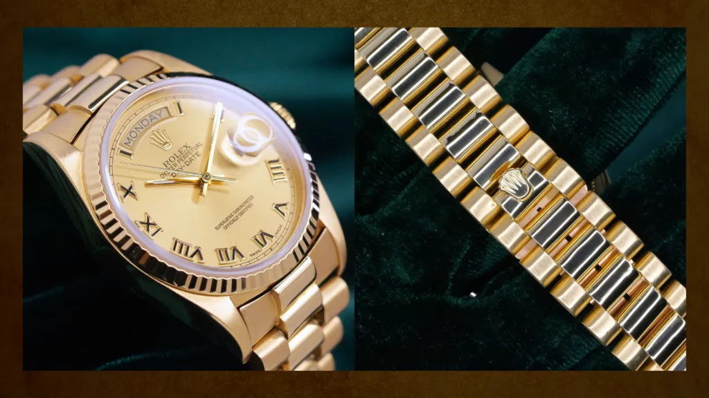 Yellow gold Rolex Day-Date shown in a split image, with a close-up of the champagne dial and fluted bezel on the left and the President bracelet clasp detail on the right.