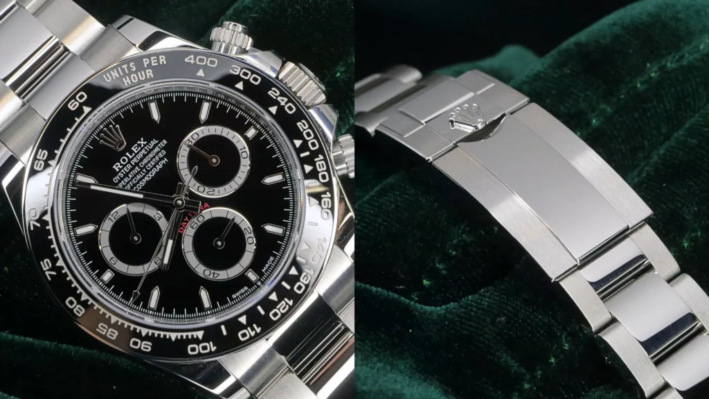 Rolex Daytona 40mm in steel with black dial and ceramic bezel on an Oyster bracelet, with clasp detail