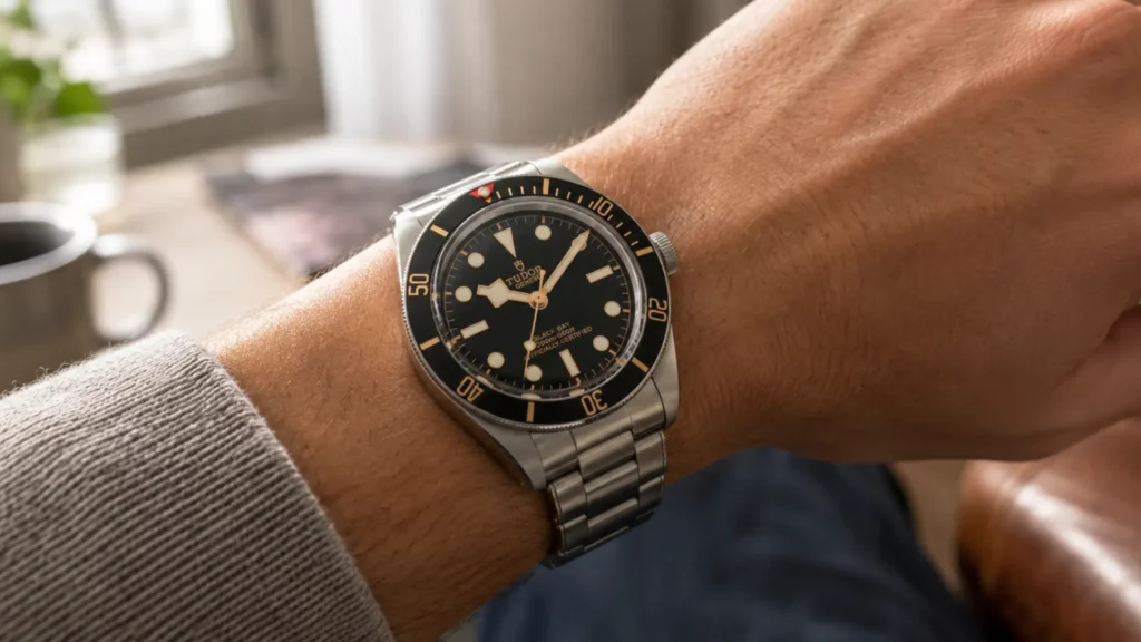 Tudor Black Bay diver with black dial and bezel worn on a wrist in a softly lit room