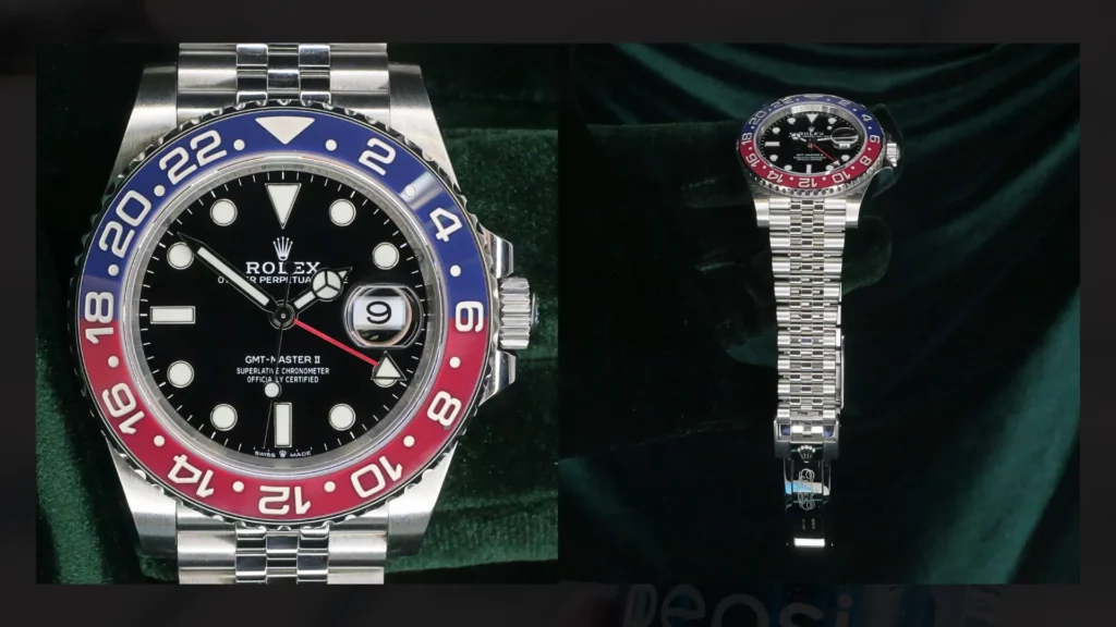 Rolex GMT-Master II Pepsi shown in a split image, with a close-up of the red and blue bezel and black dial on the left and the full Jubilee bracelet view on the right.