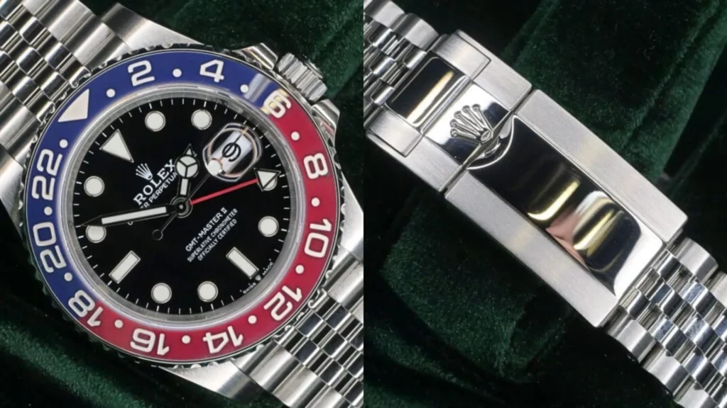 Rolex GMT-Master II Pepsi with red-and-blue bezel and black dial on a Jubilee bracelet, with clasp detail