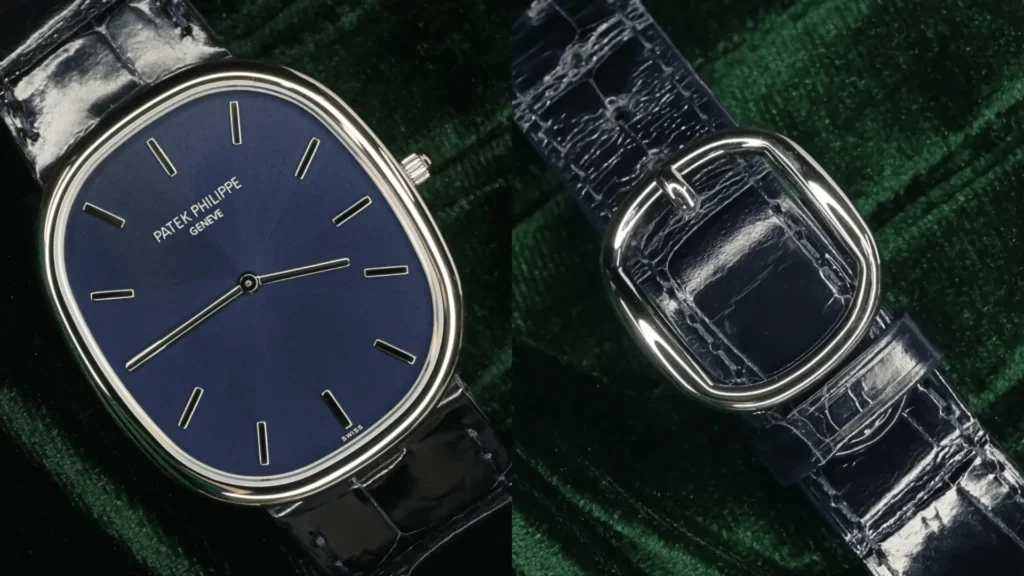 Patek Philippe Golden Ellipse 5738P with blue sunburst dial in platinum case on a navy leather strap, with buckle detail