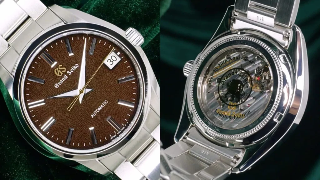 Grand Seiko Heritage SBGR311 with brown patterned dial beside close-up of its exhibition caseback and steel bracelet on dark green velvet