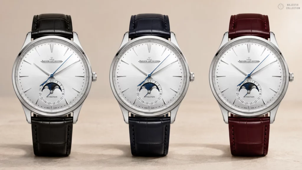 Three steel Jaeger-LeCoultre Master Ultra Thin moonphase watches with silver sunburst dials side by side on black, navy, and oxblood leather straps against a cream background