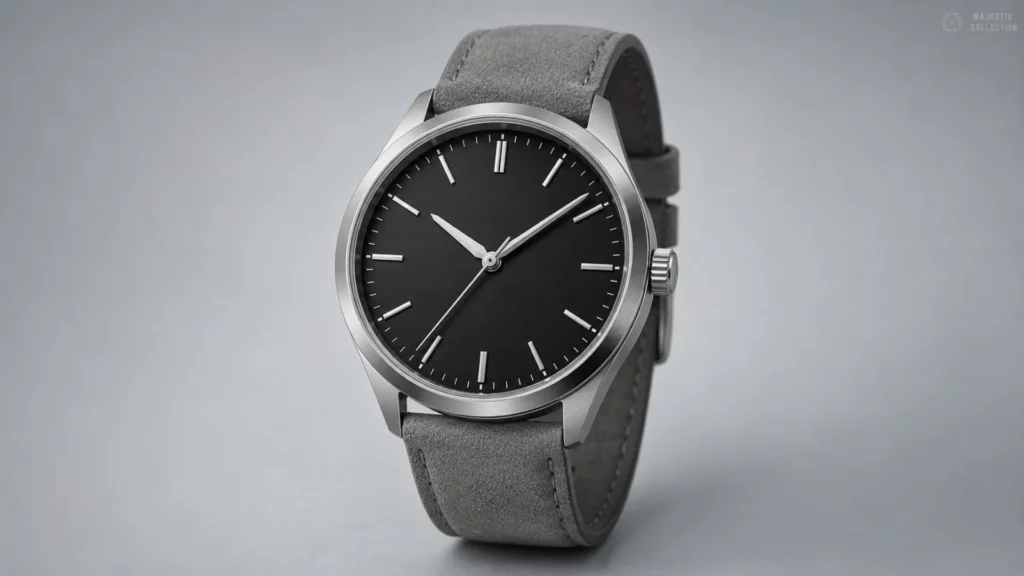 Steel black dial watch on grey suede strap against light grey background