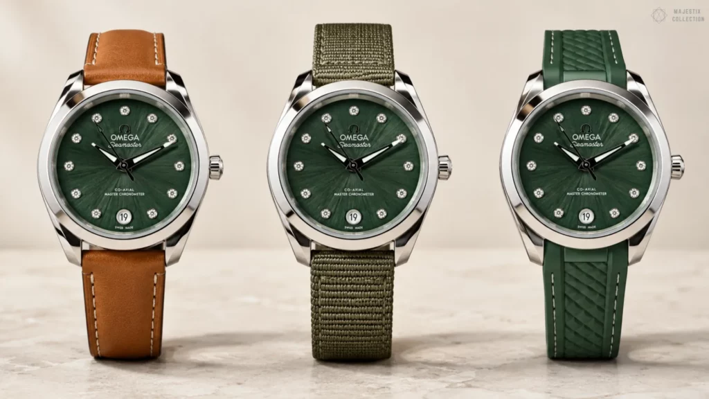 Three Omega Seamaster watches with green sunburst diamond dials side by side on tan leather, khaki fabric, and green rubber straps against a cream background