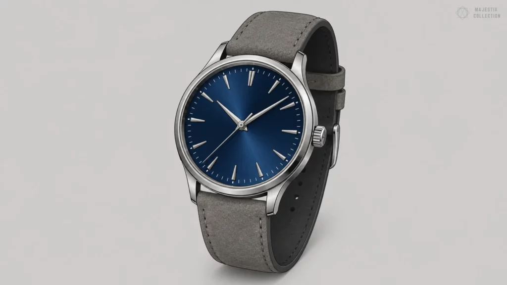 Silver blue dial watch on grey suede strap against light grey background