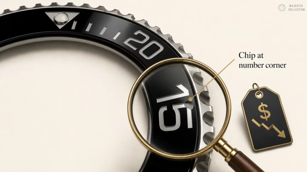 Magnified black ceramic bezel showing a chip at a number corner with a falling-value price tag