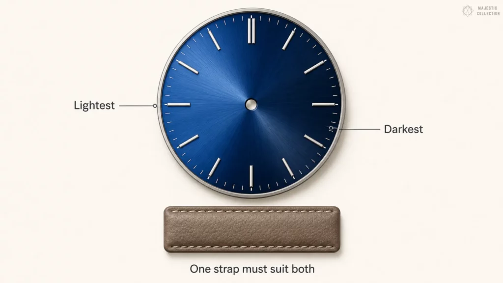 Blue sunburst dial diagram labeling the lightest and darkest points of the radial finish above a taupe leather strap, captioned one strap must suit both