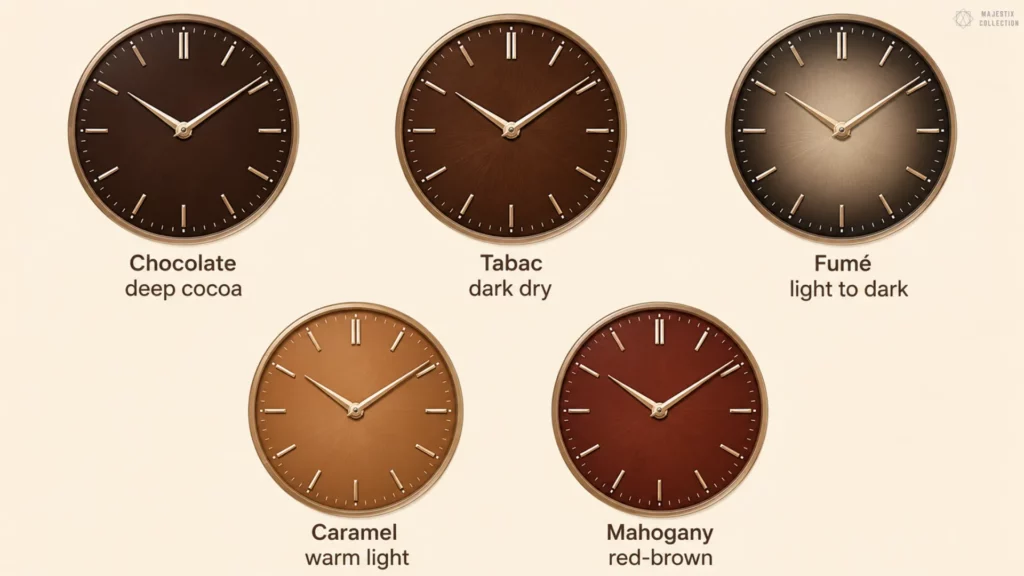 Five brown dial swatches labeled Chocolate, Tabac, Fumé, Caramel, and Mahogany showing different brown tones on beige background