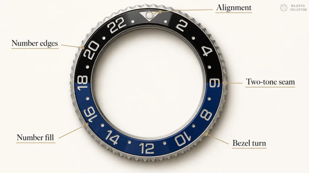 Black and blue GMT ceramic bezel labeled with alignment, number edges, number fill, seam, and bezel turn checks