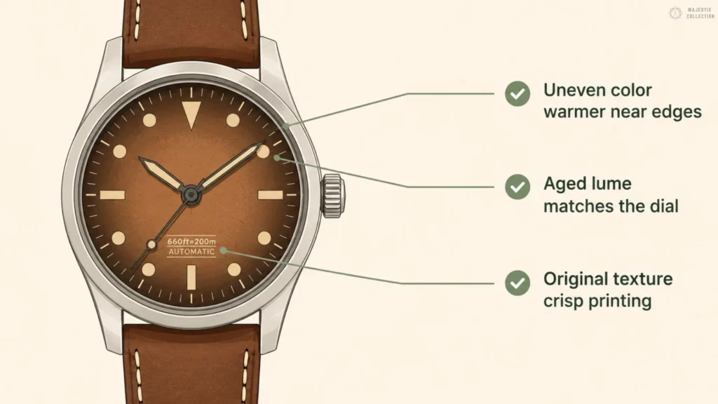 Illustration of a brown tropical dial watch with callouts for uneven color, aged lume, and original texture