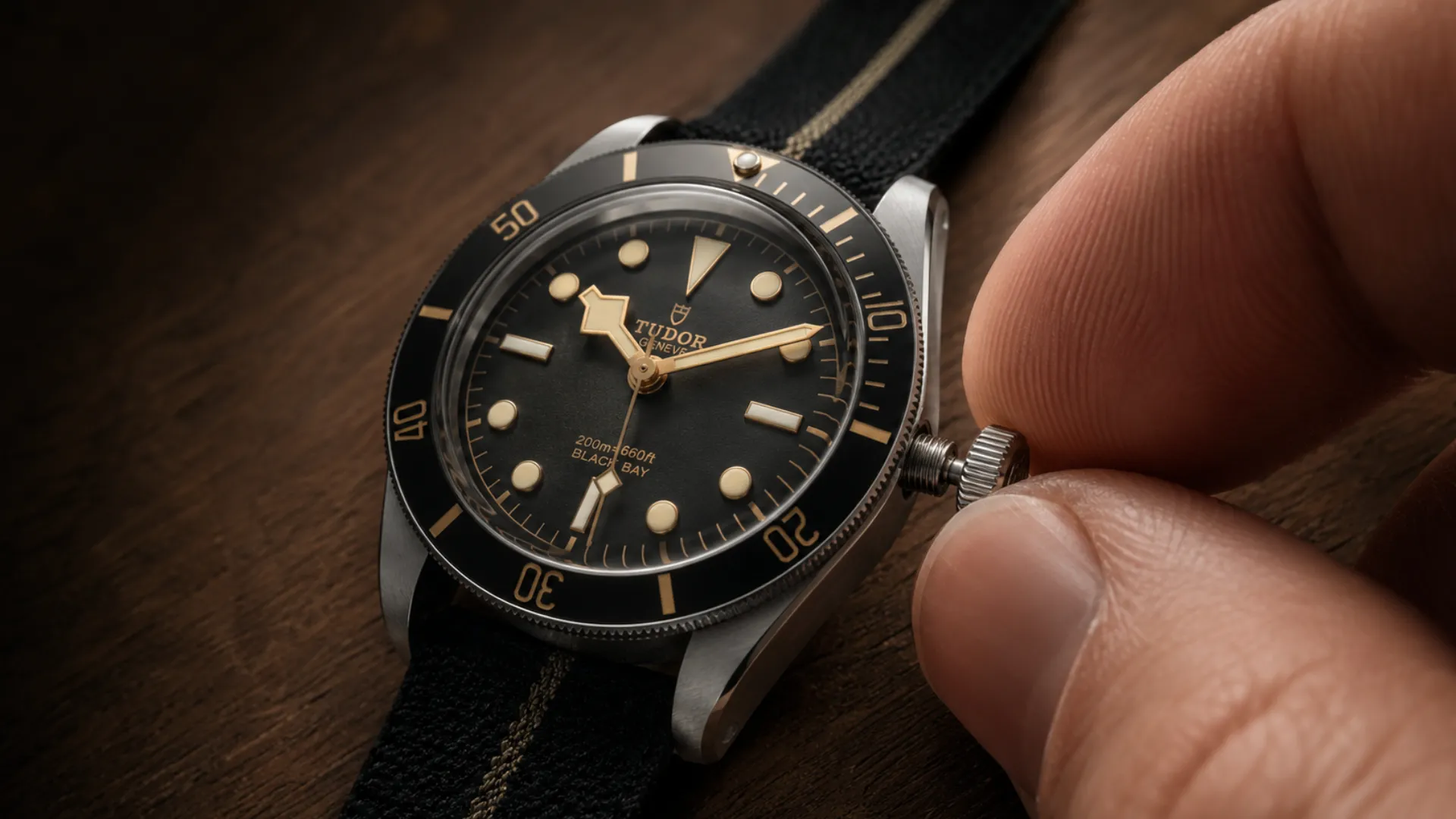 Close-up of fingers turning the crown of a Tudor Black Bay on a black fabric strap resting on wood