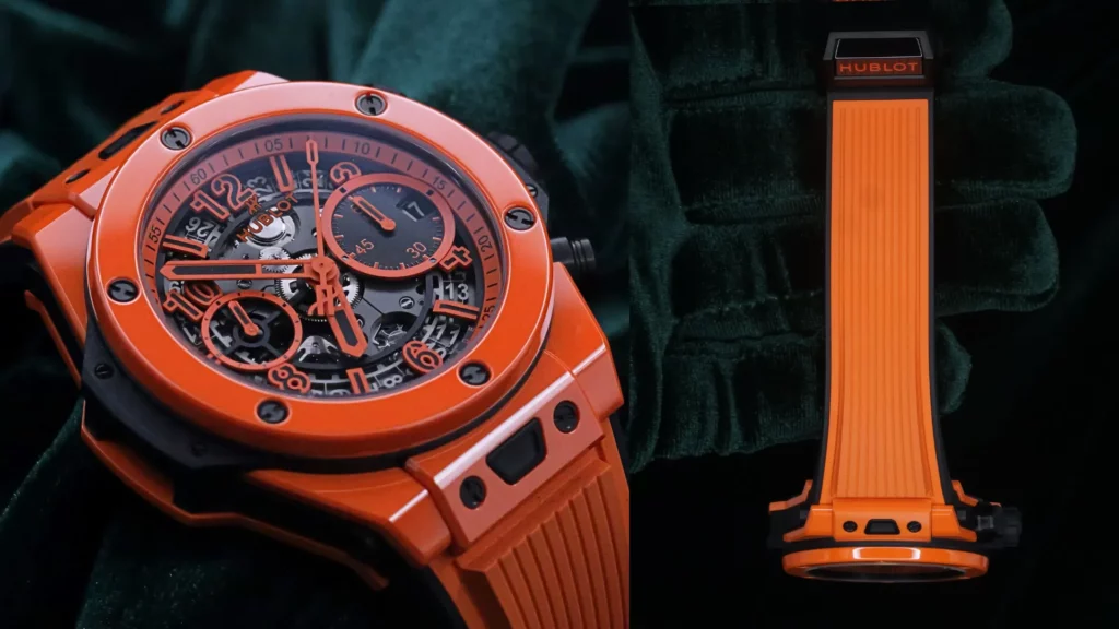Close-up views of a Hublot Big Bang Unico orange ceramic watch with skeleton dial and orange rubber strap on a dark green textured background.