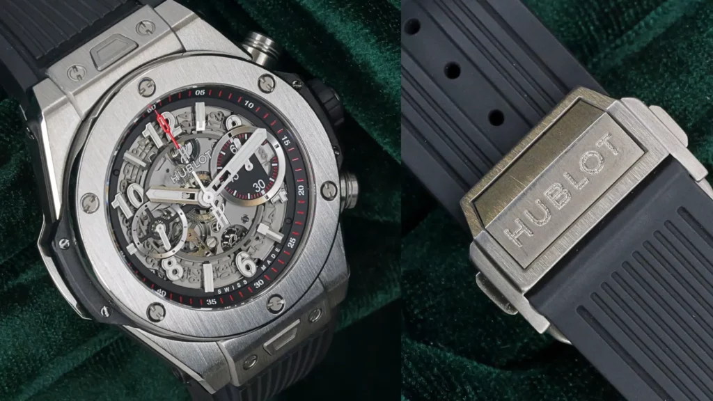 Hublot Big Bang Unico titanium skeleton dial chronograph with branded rubber strap detail