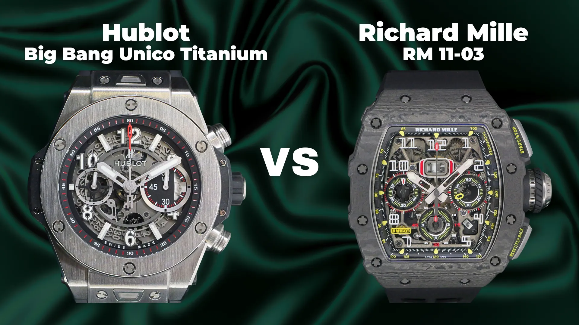 Hublot Big Bang Unico titanium and Richard Mille carbon tonneau watch side by side comparison