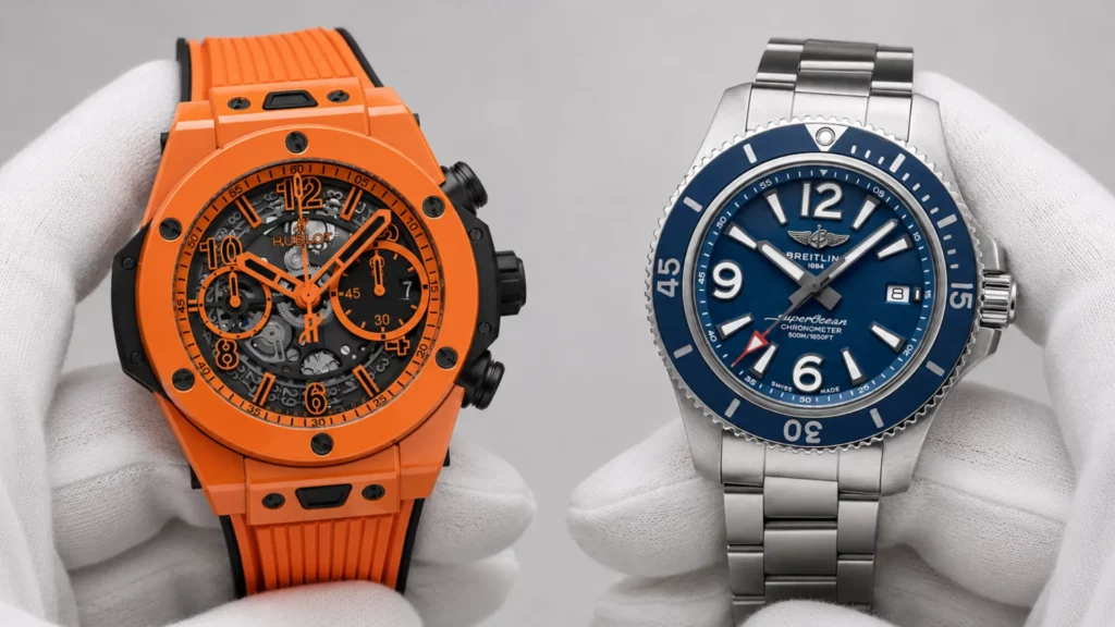 Hublot Big Bang Unico in orange ceramic and Breitling Superocean with blue dial held side by side in white-gloved hands