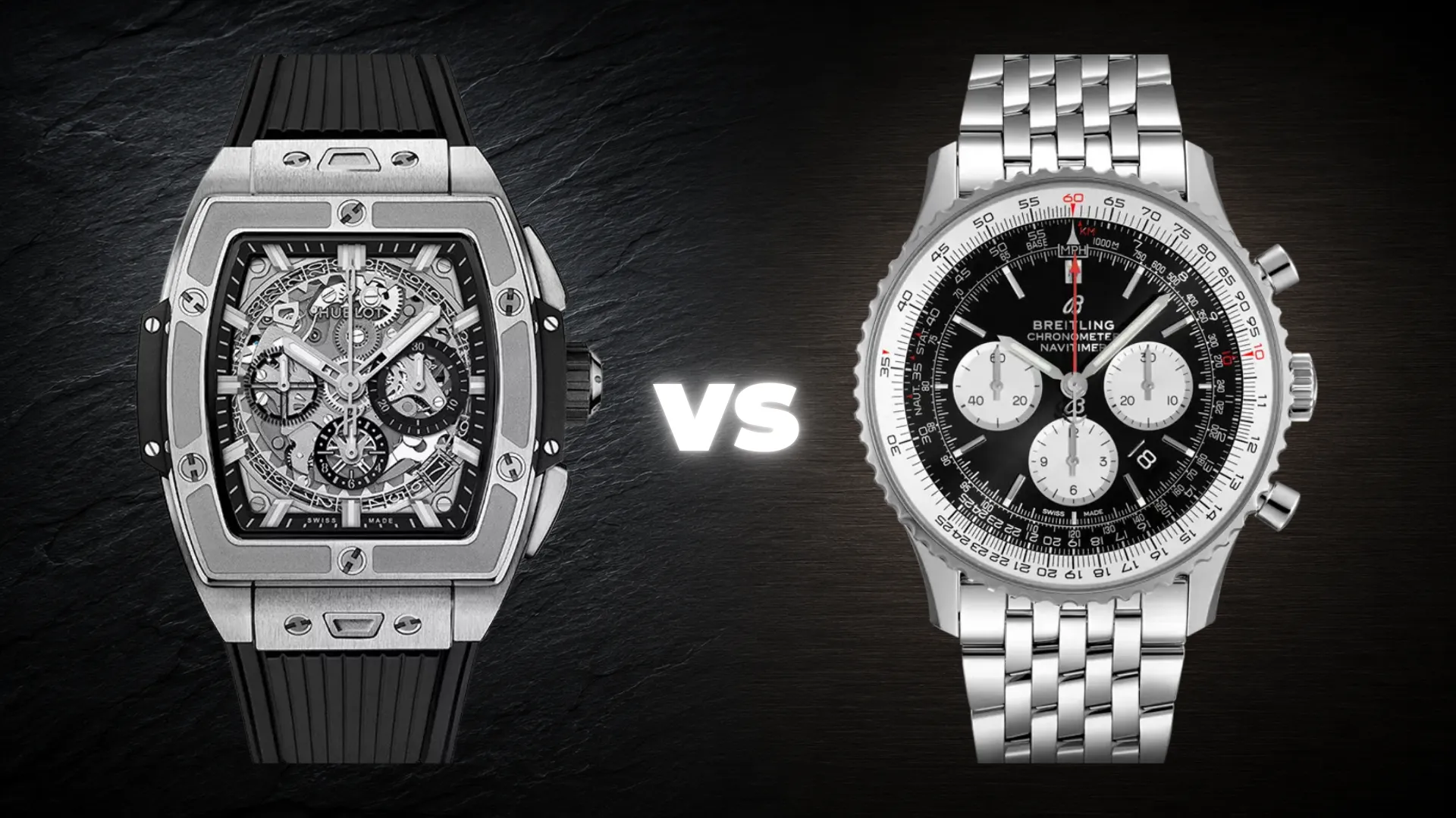 Hublot Spirit of Big Bang and Breitling Navitimer chronograph shown side by side with VS graphic on dark slate background