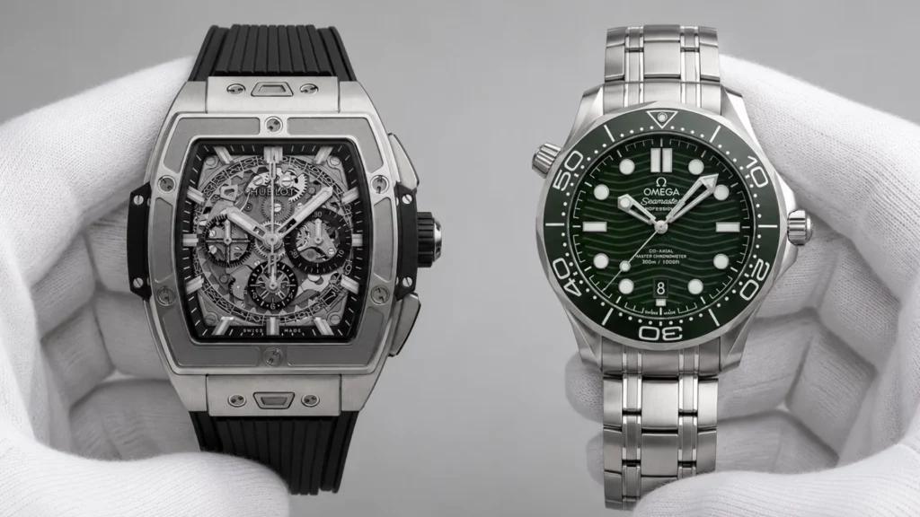 Hublot Spirit of Big Bang titanium skeleton and Omega Seamaster Diver 300M green dial held side by side in white-gloved hands